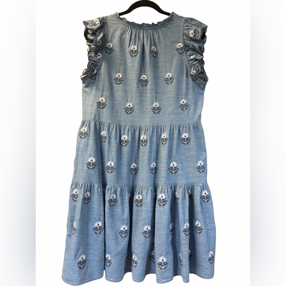 A Loves A Chambray Embroidered Ruffle Tiered Dress with Pockets | Size M | NWT - Picture 4 of 11